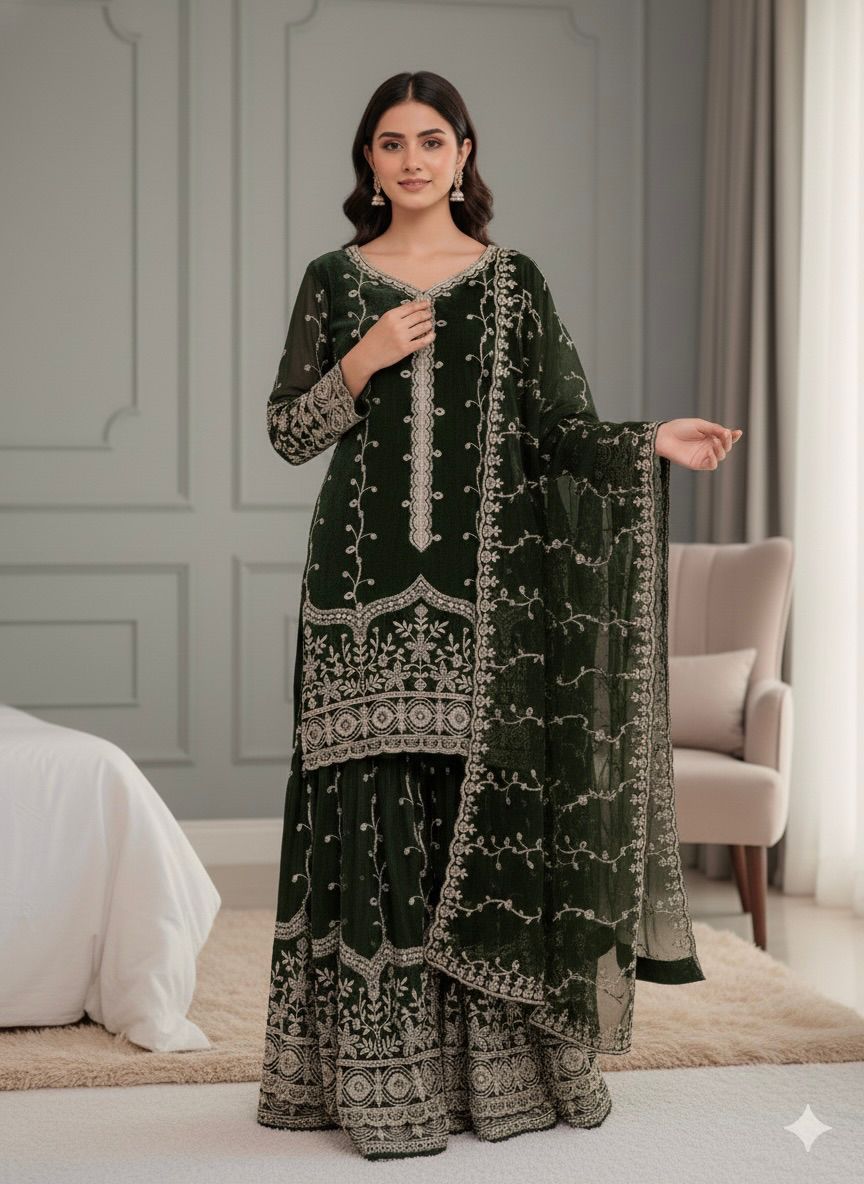 Green Fendy Silk Embroidery Work Salwar Suit - Image 3
