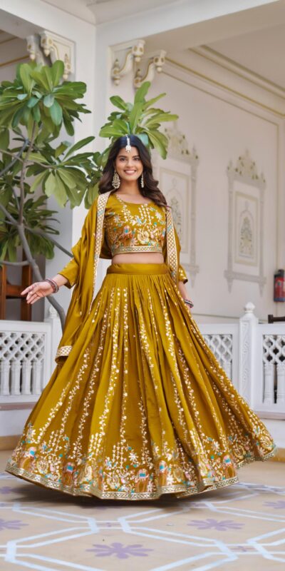 Mustered Vichitra Embroidery Work Lehenga Choli