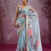 Sky Blue Chinon Silk Embroidery Cut Work Saree