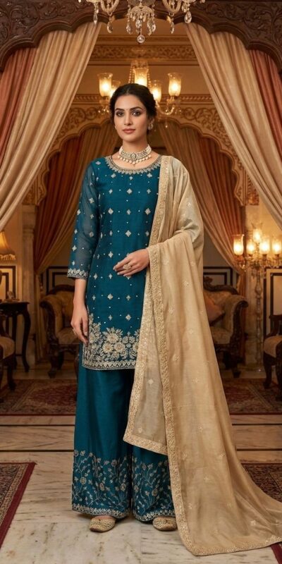 Peacock Blue Organza Silk Sequence Work Salwar Suit