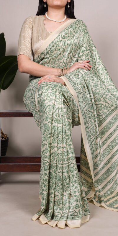 Green Taser Silk With Printed Work Saree