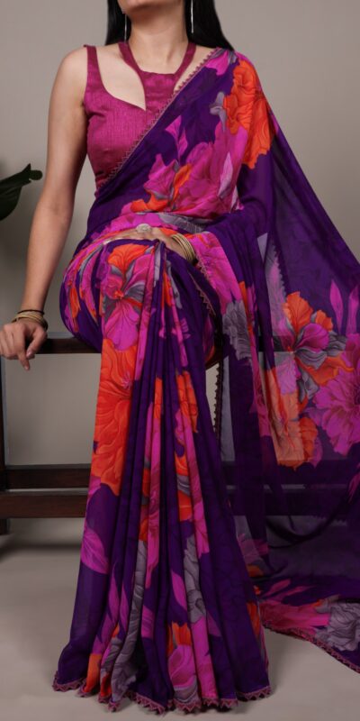 Purple Weightless Marbal Lace Border Work Saree