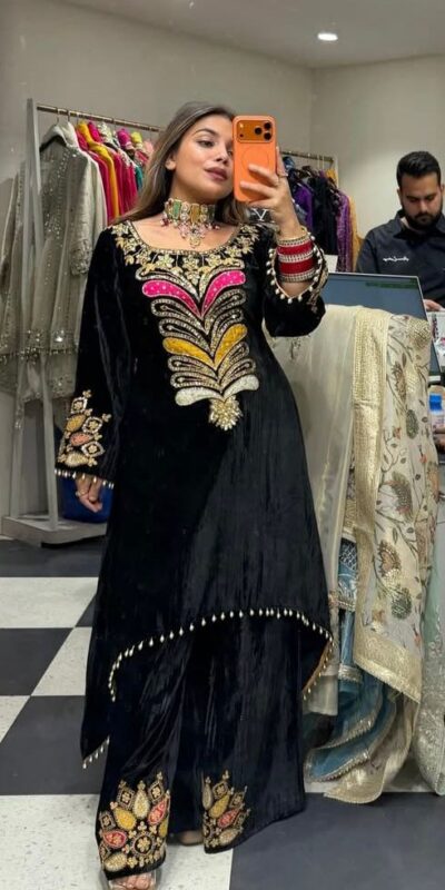 Black Velvet Sequence Patch Work Salwar Suit