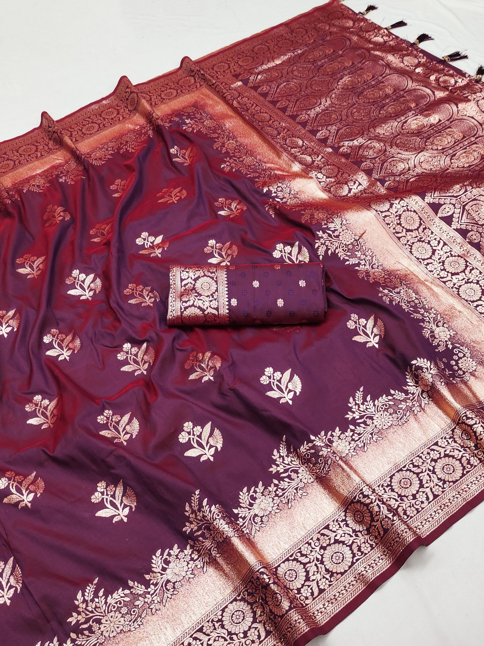 Wine Banarasi Silk Weaving Lace Zari Work Saree
