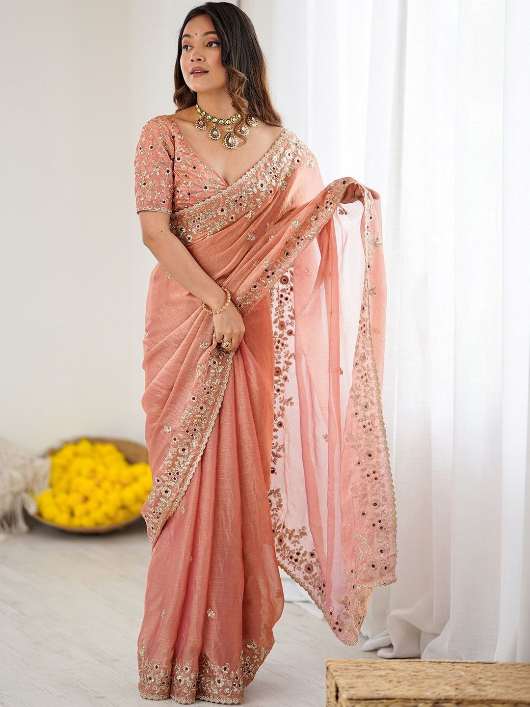 Peach Fandy Chiffon Embroidery Cut Work Saree - Image 3