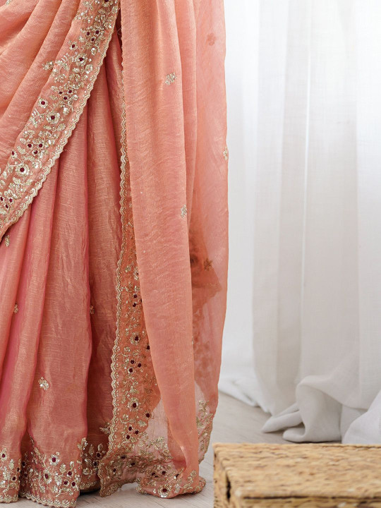 Peach Fandy Chiffon Embroidery Cut Work Saree - Image 6