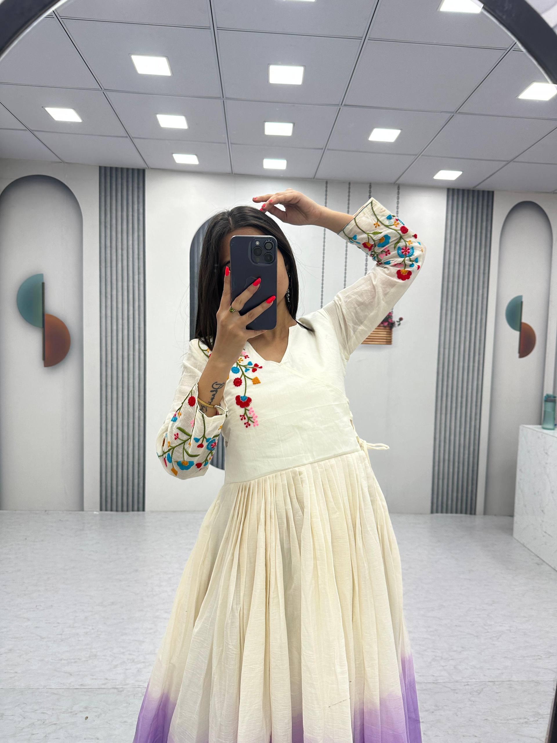 Lavender Soft Cotton Embroidery Work Gown