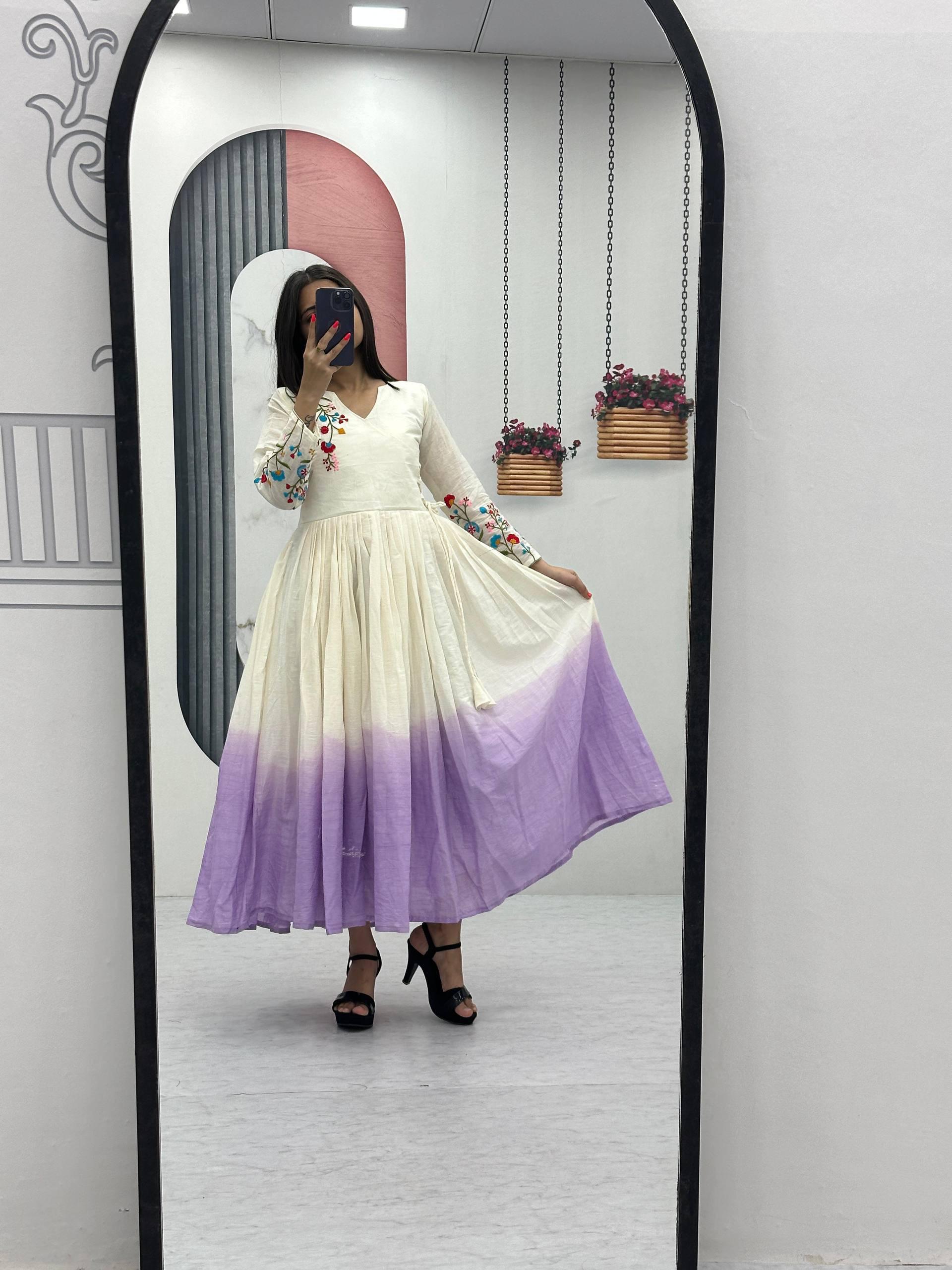 Lavender Soft Cotton Embroidery Work Gown - Image 2