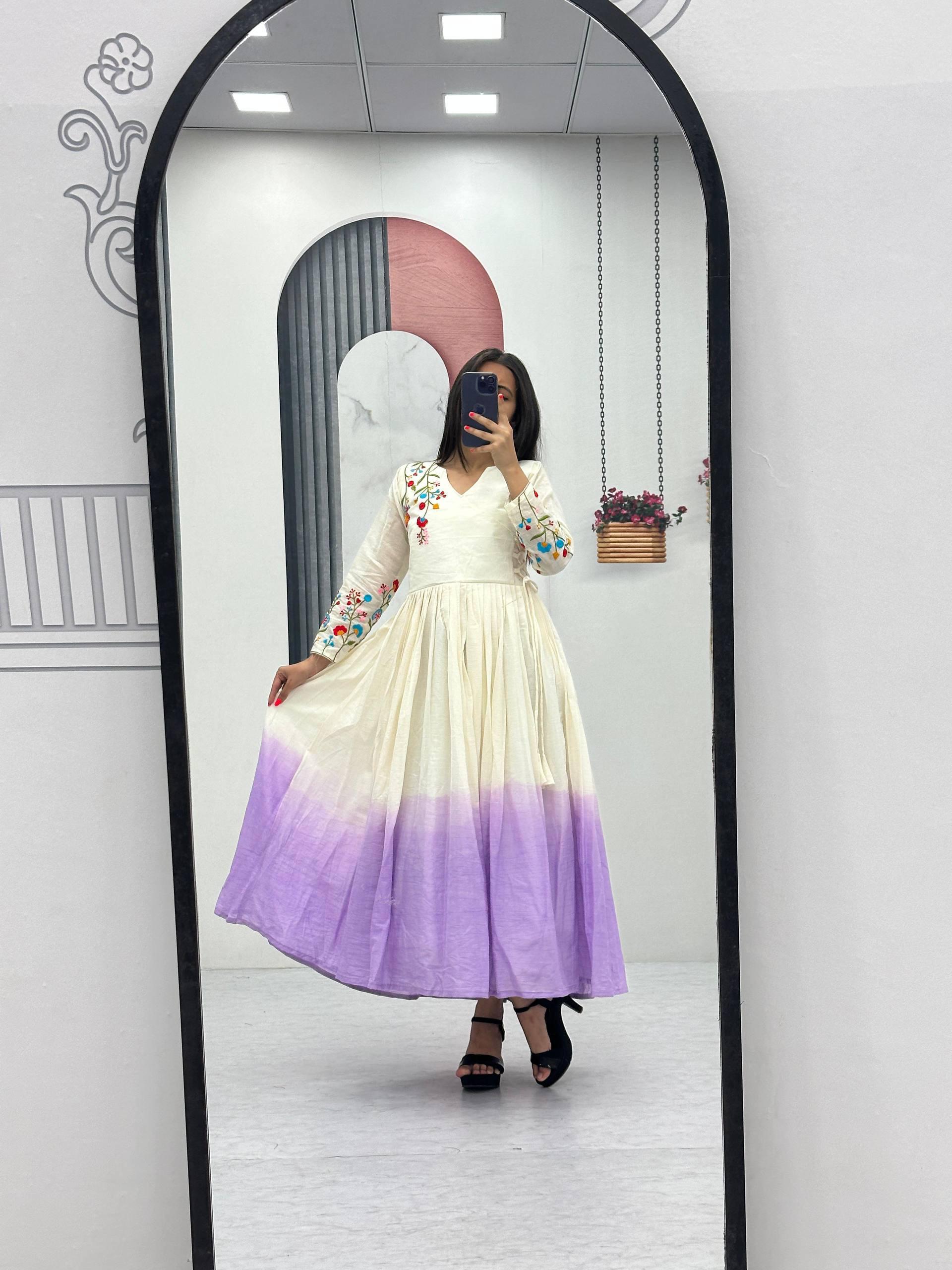 Lavender Soft Cotton Embroidery Work Gown - Image 3