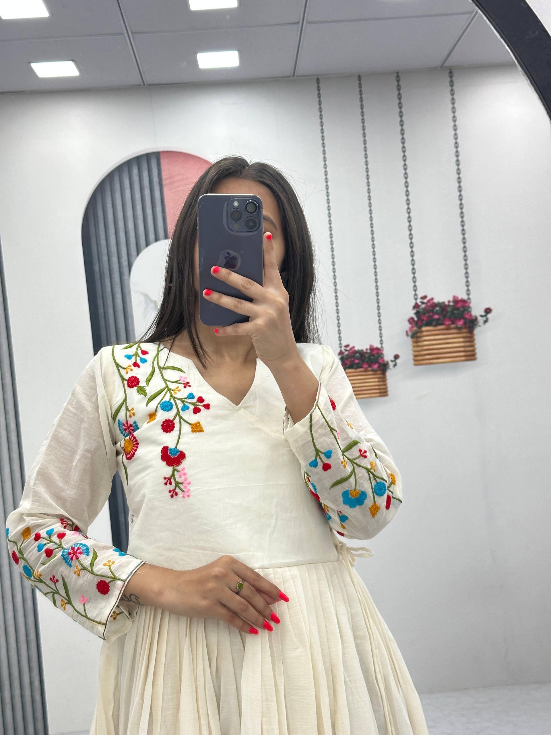 Lavender Soft Cotton Embroidery Work Gown - Image 4