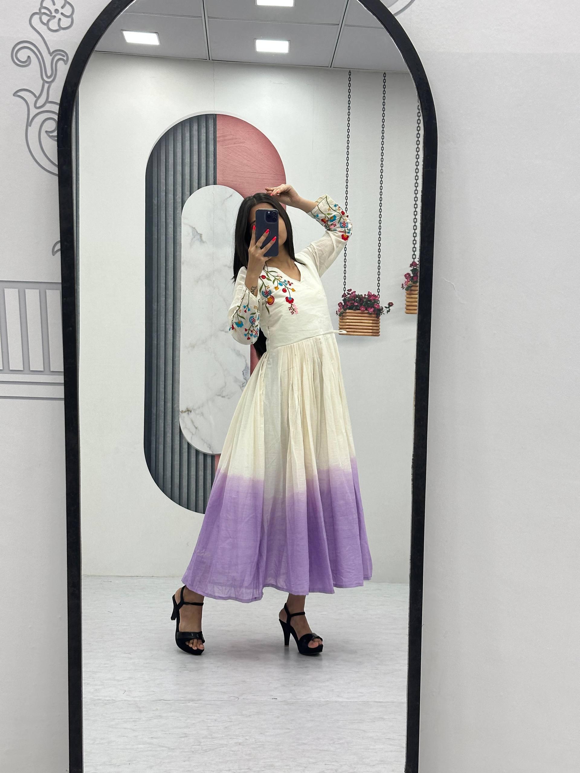 Lavender Soft Cotton Embroidery Work Gown - Image 5