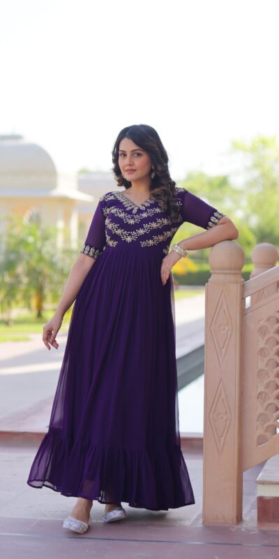 Purple Faux Blooming With Embroidery Work Gown