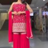 Red Georgette Thread Lace Work Salwar Suit