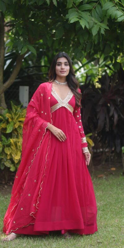 Rani Pink Faux Blooming Zari Embroidery Work Gown