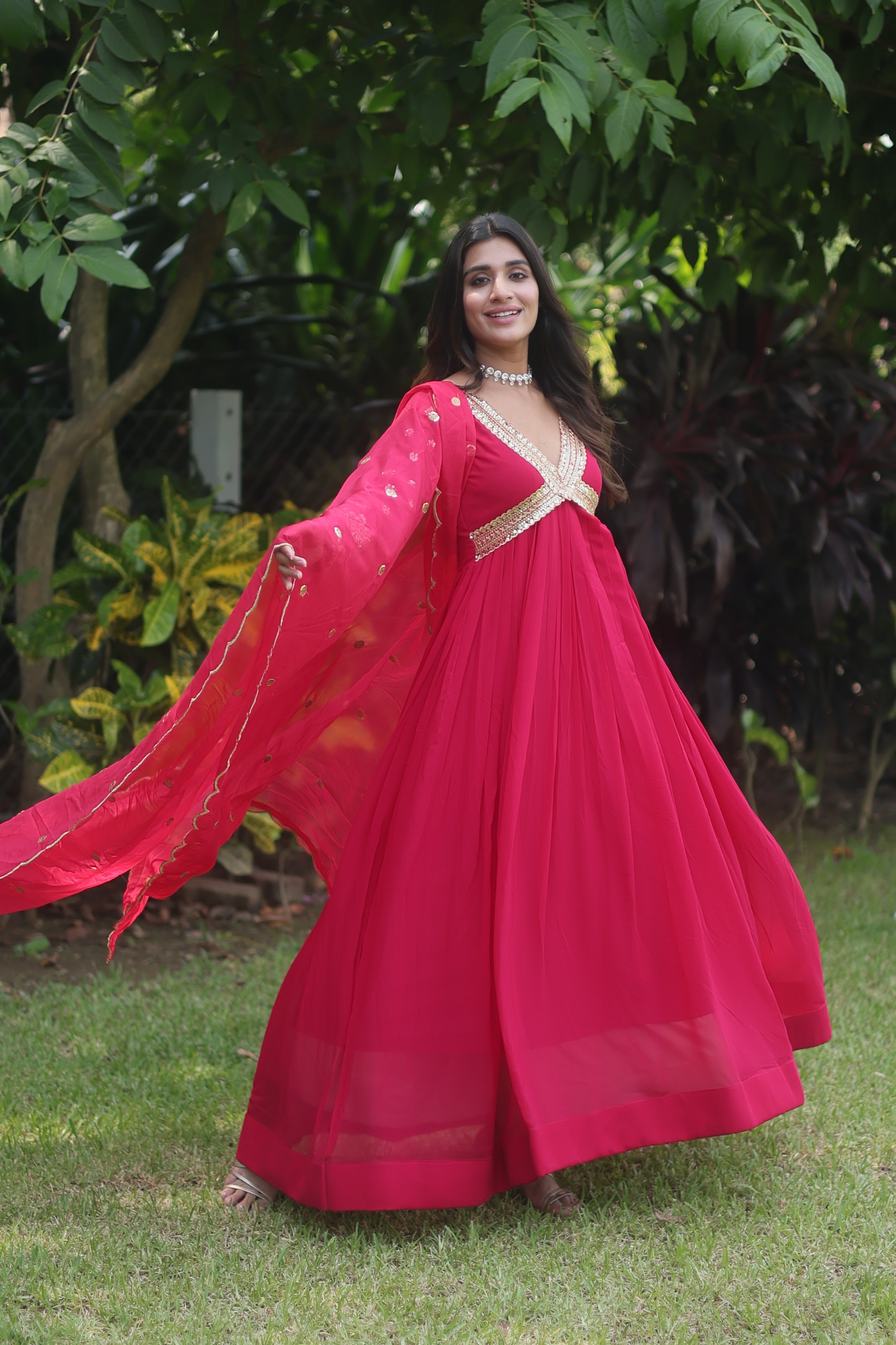 Rani Pink Faux Blooming Zari Embroidery Work Gown - Image 4