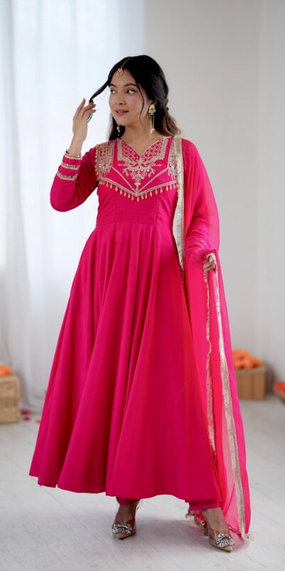 Pink Roman Silk Lace Work Border Gown