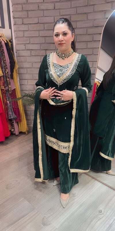 Green Velvet Mirror Embroidery Work Salwar Suit