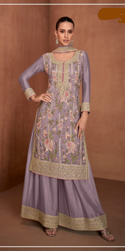 Lavender Chinon Embroidery Work Salwar Suit