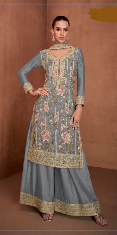 Grey Chinon Embroidery Work Salwar Suit