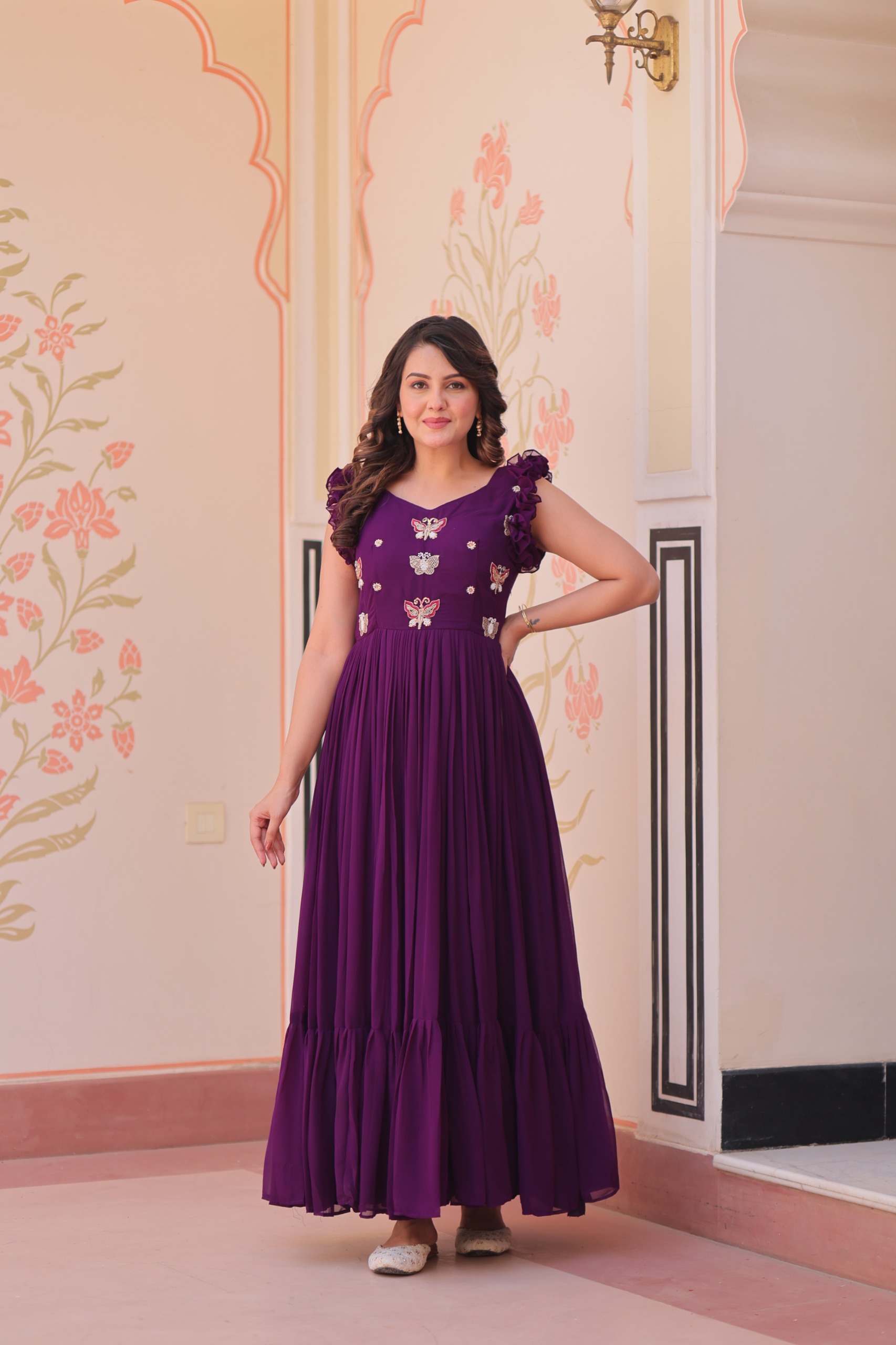 Purple Faux Blooming Sequins Work Gown