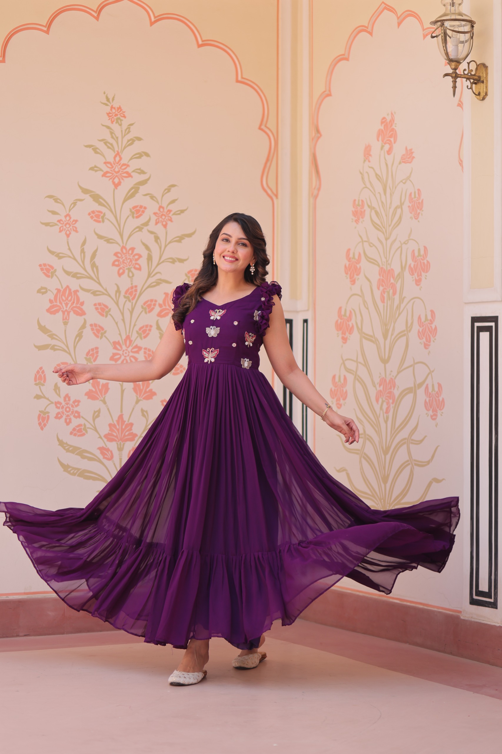 Purple Faux Blooming Sequins Work Gown - Image 3