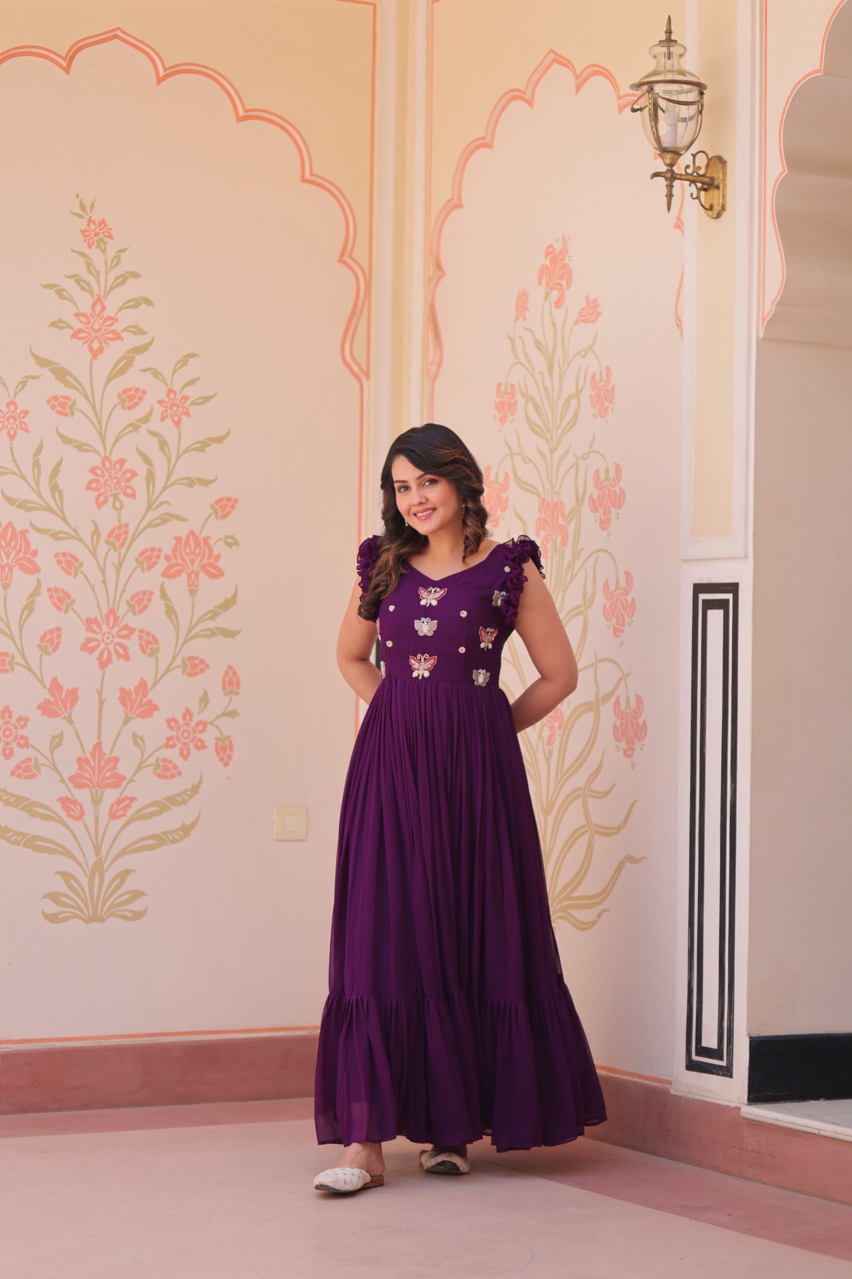Purple Faux Blooming Sequins Work Gown - Image 4