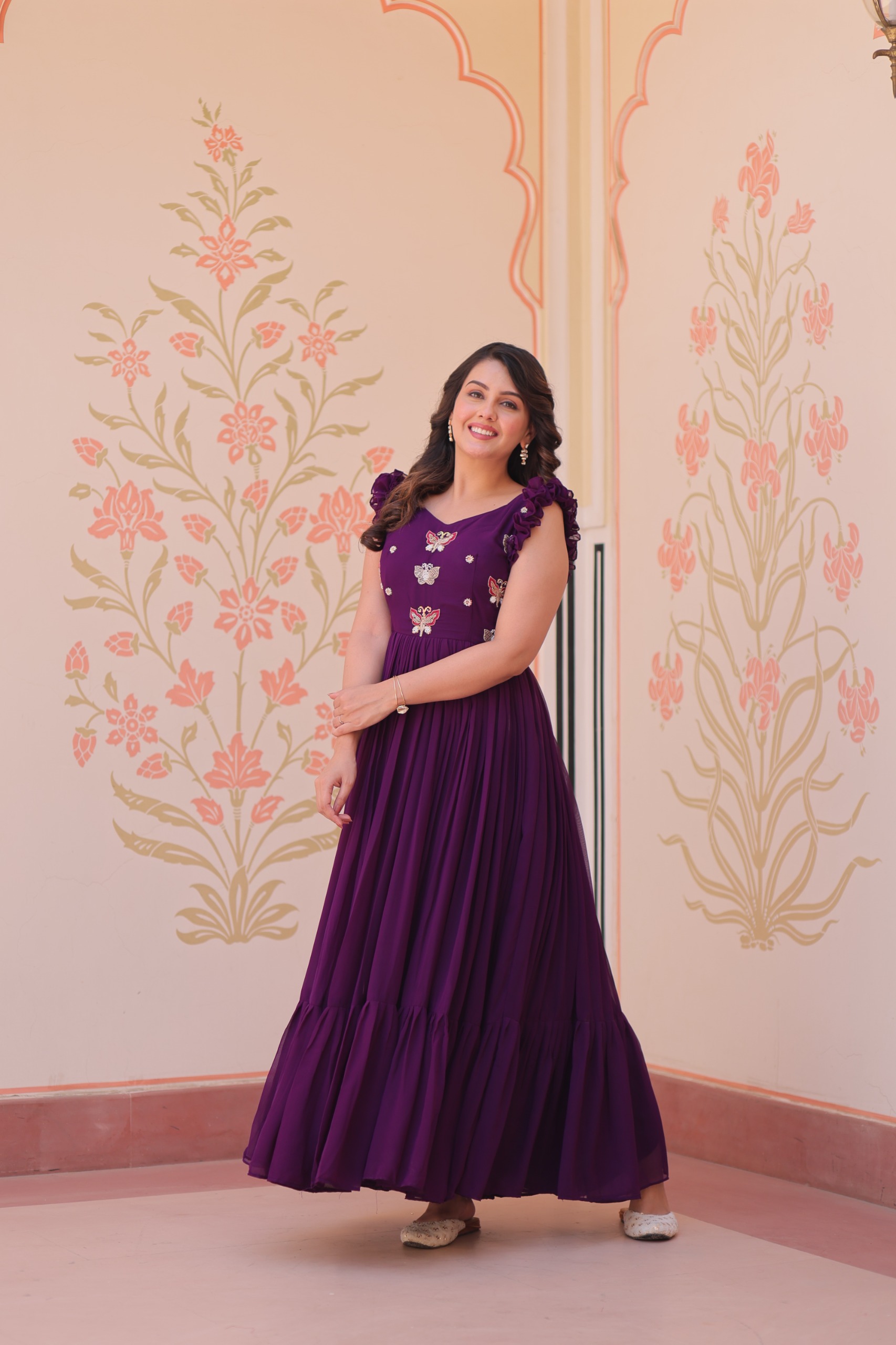 Purple Faux Blooming Sequins Work Gown - Image 5