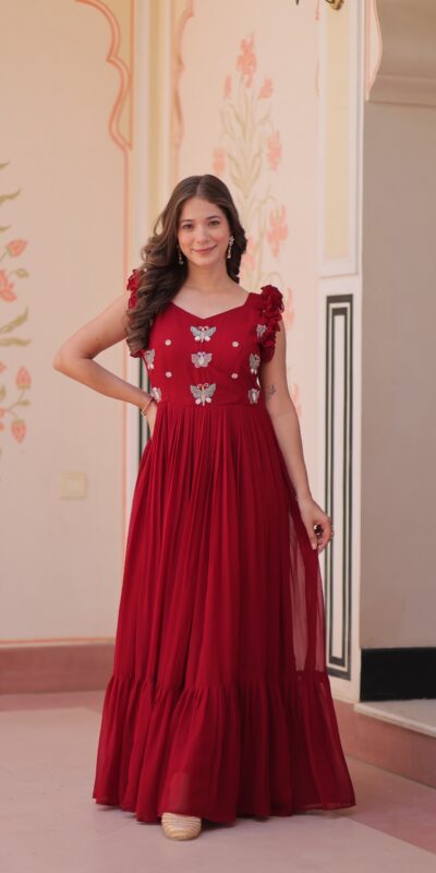 Maroon Faux Blooming Sequins Work Gown
