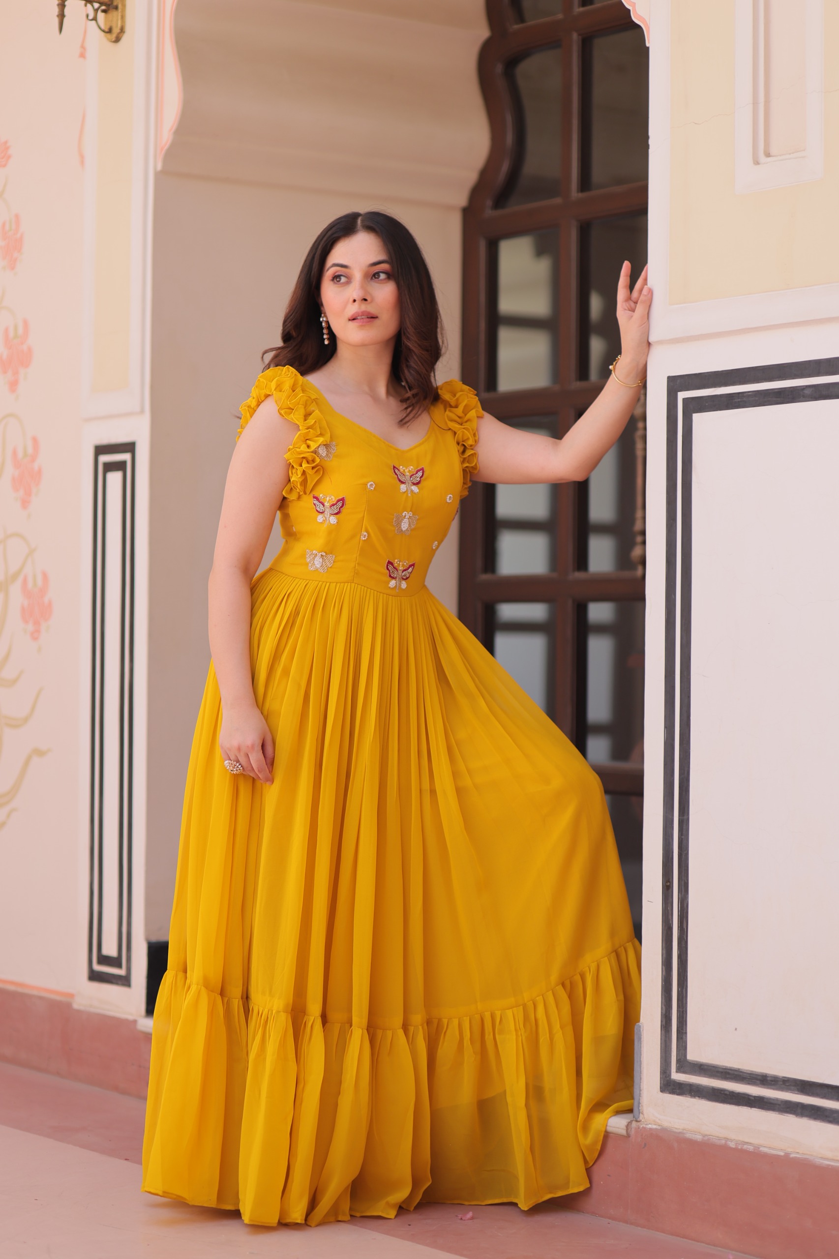 Yellow Faux Blooming Sequins Work Gown - Image 3