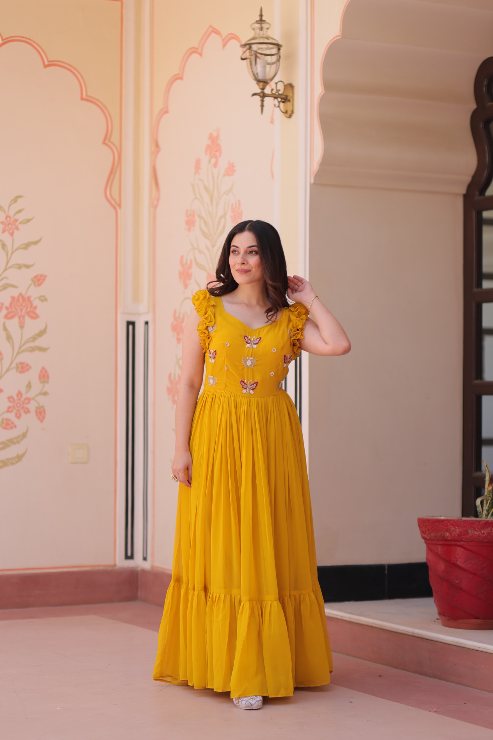 Yellow Faux Blooming Sequins Work Gown - Image 4