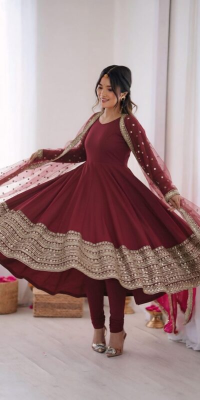 Maroon Roman Silk Embroidery Lace Work Gown