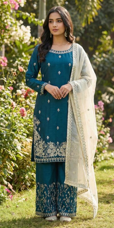Teal Organza Silk Lace Embroidery Work Salwar Suit