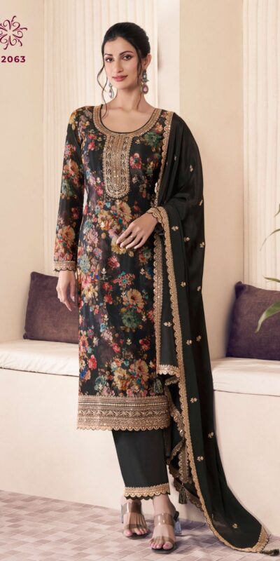 Black Vichitra Digital Print Embroidery Work Salwar Suit
