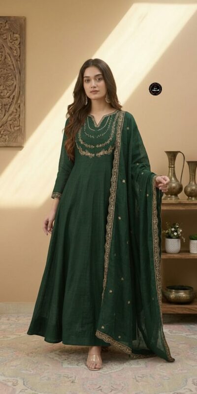 Green Vichitra Silk Sequence Work Gown