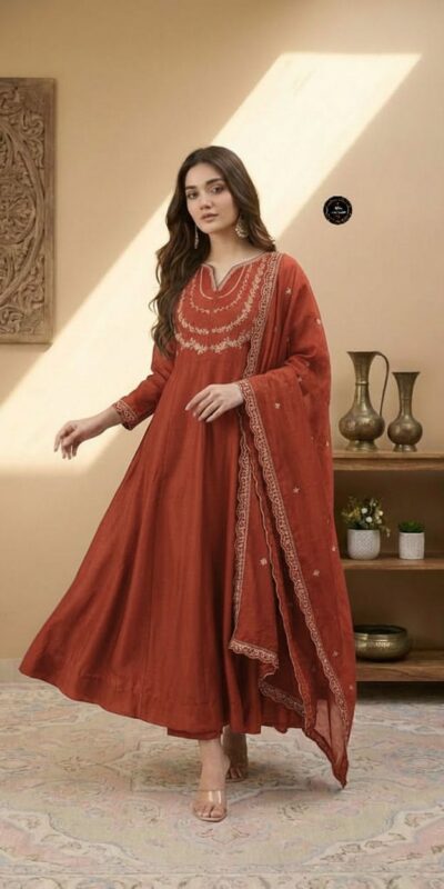 Rust Vichitra Silk Sequence Work Gown