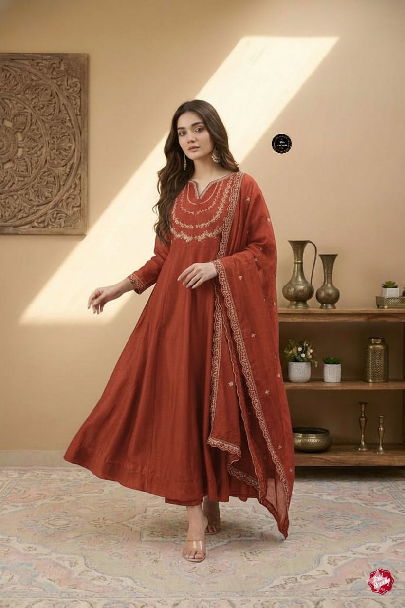 Rust Vichitra Silk Sequence Work Gown