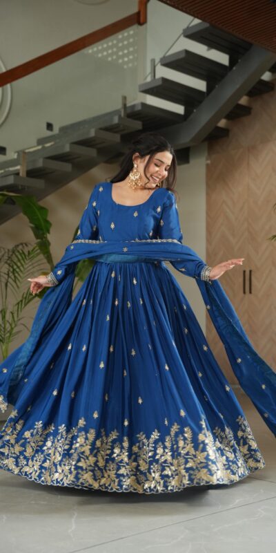 Blue Chinon Zari Embroidery Work Gown