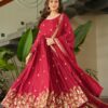 Red Chinon Zari Embroidery Work Gown
