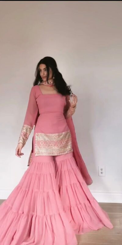 Baby Pink Faux Thread Work Georgette Salwar Suit
