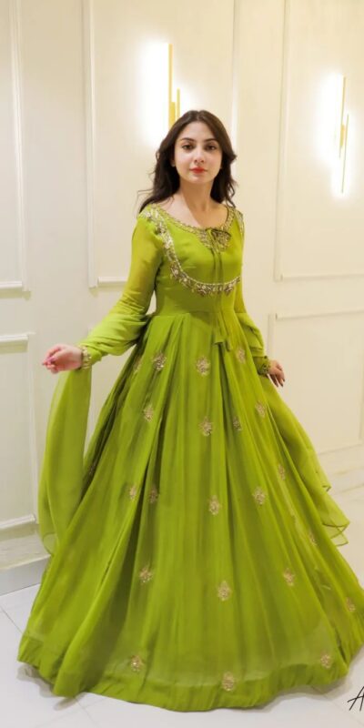 Parrot Green Georgette Embroidery Work Gown