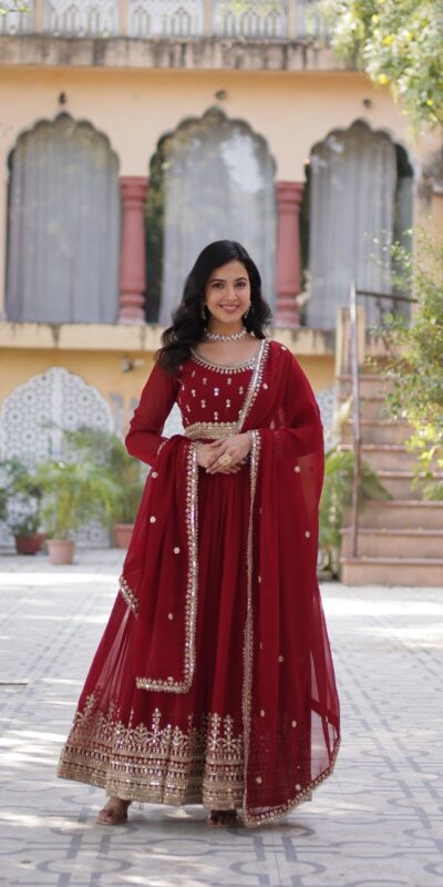 Maroon Faux Blooming Embroidery Zari Work Gown