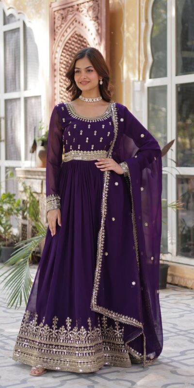 Dark Purple Faux Blooming Embroidery Zari Work Gown