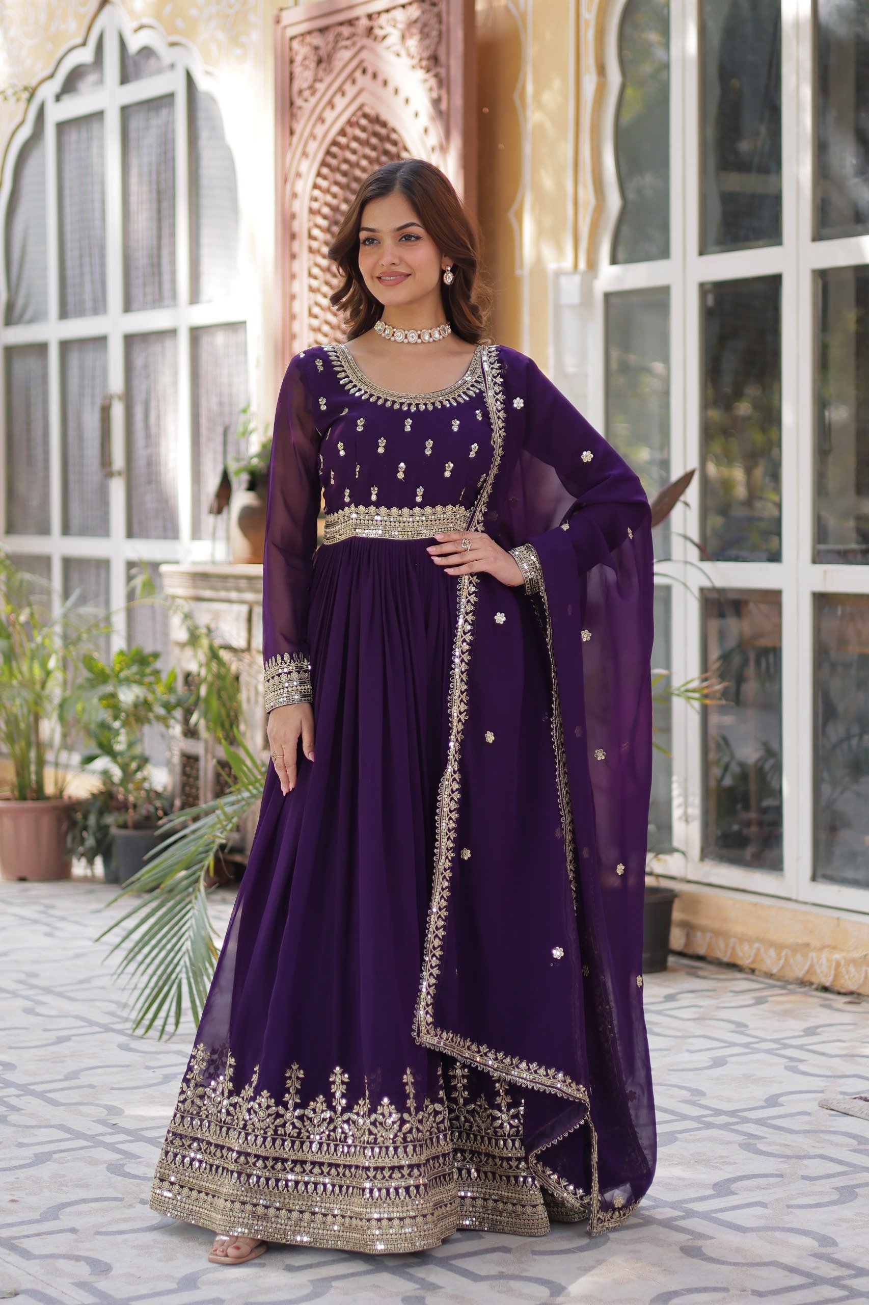 Dark Purple Faux Blooming Embroidery Zari Work Gown
