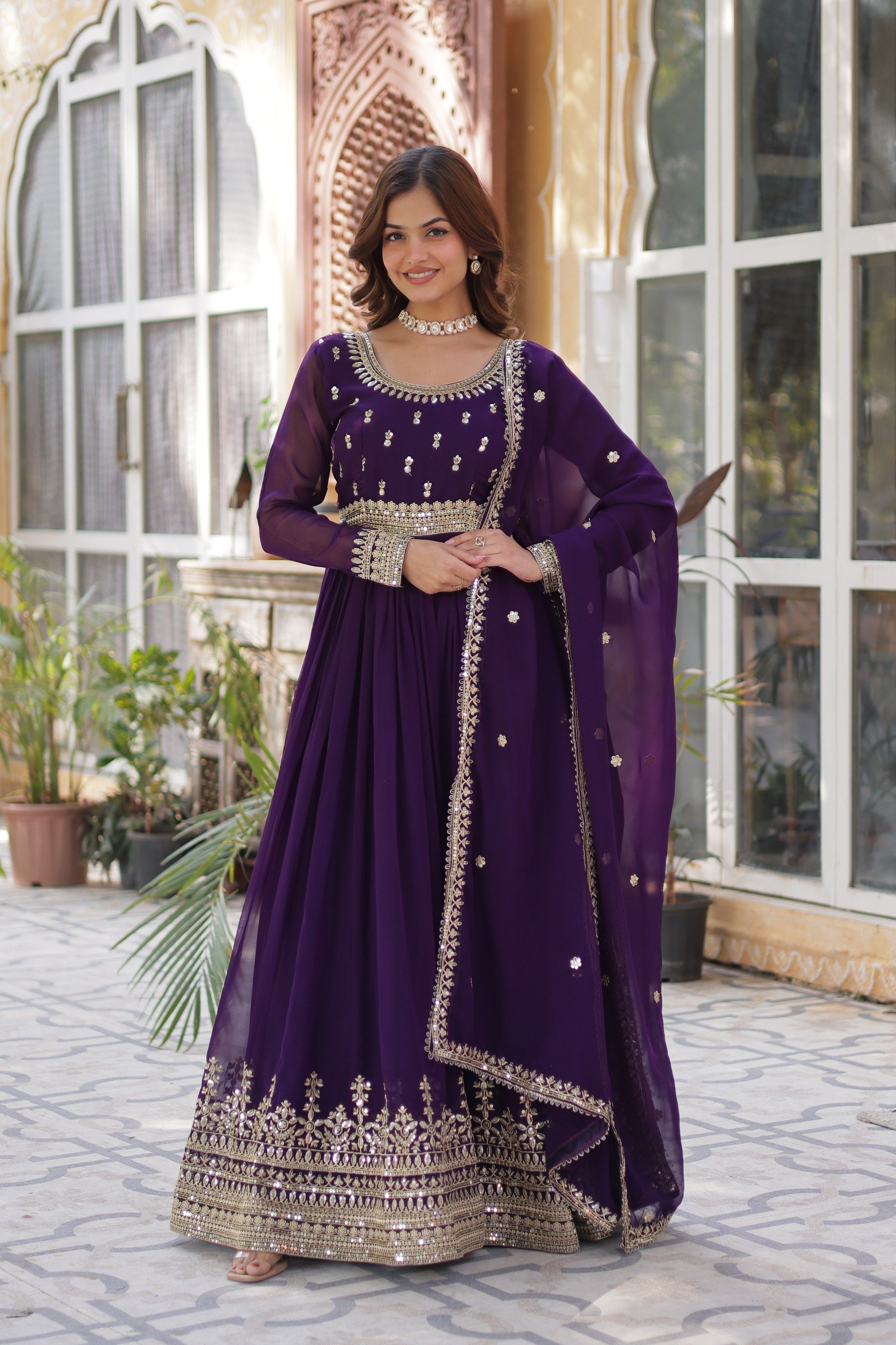 Dark Purple Faux Blooming Embroidery Zari Work Gown - Image 3