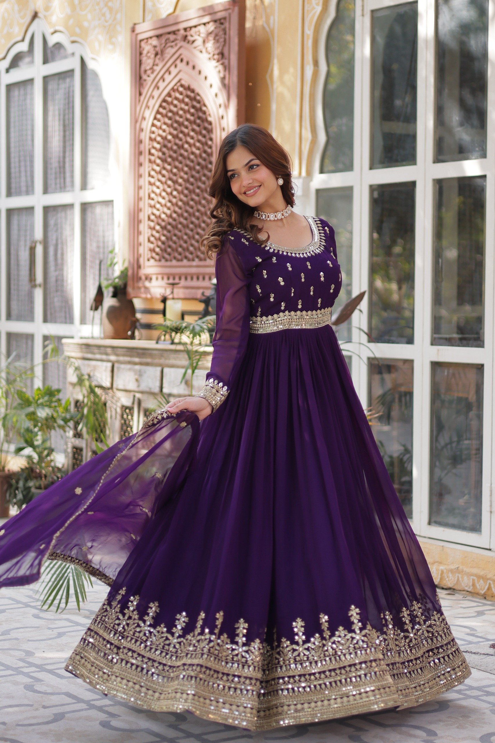 Dark Purple Faux Blooming Embroidery Zari Work Gown - Image 4