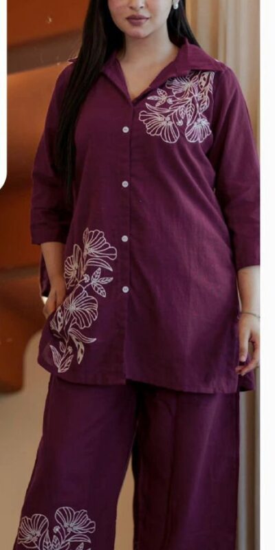 Wine Cotton Slub Embroidery Work Kurti