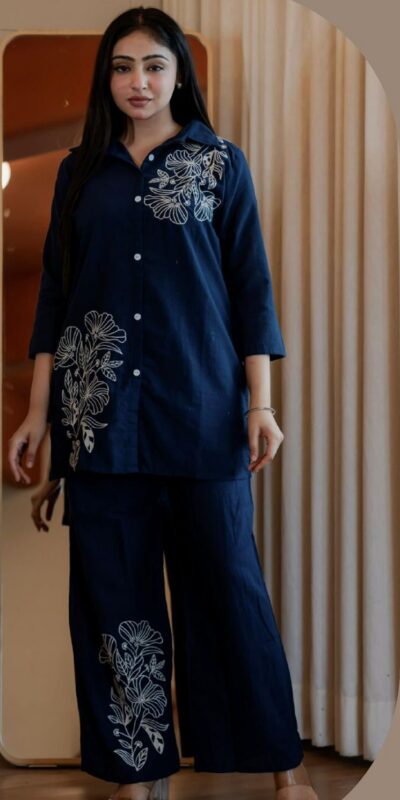 Blue Cotton Slub Embroidery Work Kurti