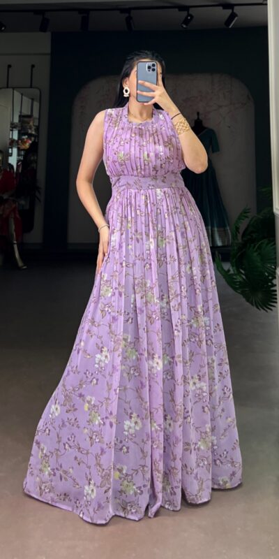 Lavender Weightless Marbal Floral Print Gown