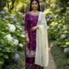 Wine Organza Silk Lace Embroidery Work Salwar Suit