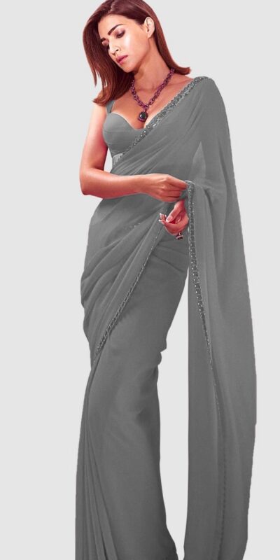 Grey Georgette Embroidery Dual Sequence Saree